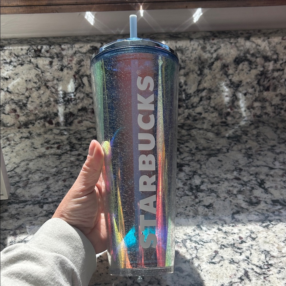 GUC Starbucks glitter Iridescent Rainbow Tall Tumbler with Blue Straw
